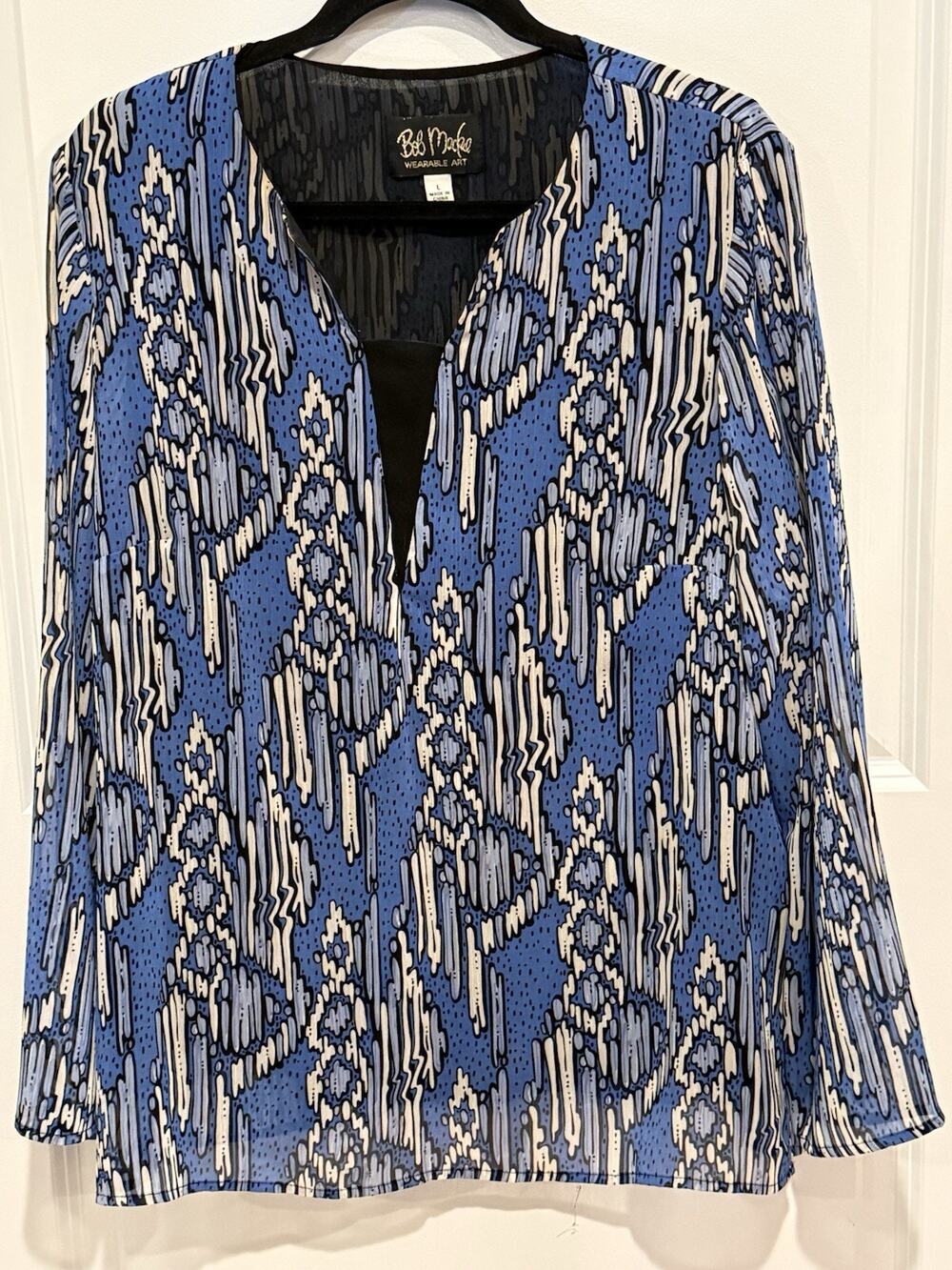 Bob Mackie Art To Wear Women’s Top Sz L Blue Black Long Sleeve Lined Abstract